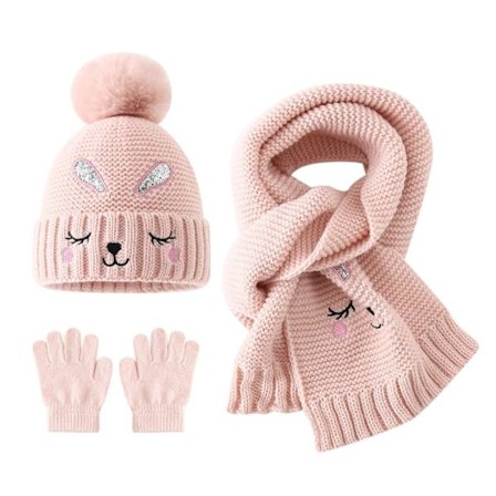 Søtt 3-delt vintersett for barn med lukkede øyne og kanin: Strikket lue, skjerf og hansker for småbarn 2-6 år, varmt for kaldt vær
