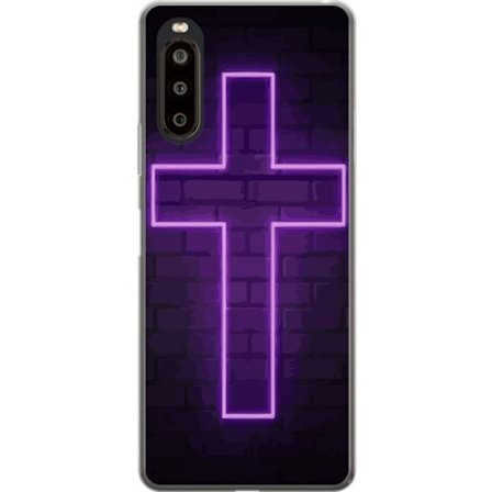 Yhteensopiva Puhelinkuori Sony Sony Xperia 10 II Neonristi purppuranvalossa tummaa tiiliseinää vasten, symbolinen motiivi vahvalla hohto moderni est