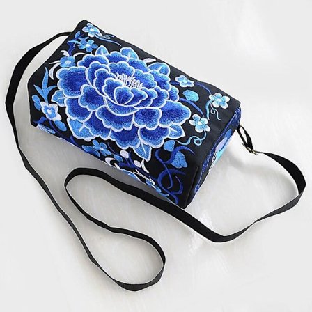 Håndtaske Etnisk Stil Broderi Taske Tre Lynlås Dobbeltsidet Kvinder Skulder Crossbody Taske(25x12x9 cm)