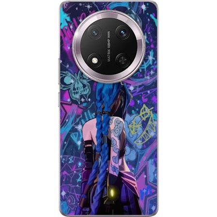 Yhteensopiva Puhelinkuori Honor Honor Magic7 Lite Värikäs graffitipiirros, jossa on sinisellä hiuksilla varustettu hahmo kaupunkimaisessa neon-tyyl