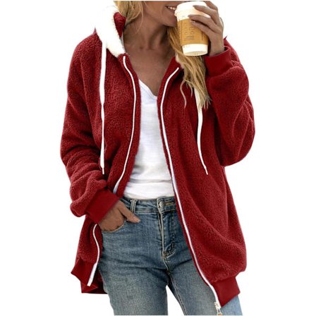 Hettejakke Dame Teddy Fleece Frakk Overgangsjakke med Hette med Lommer Glidelås Høst Vinter Plysj Jakke Fleece Jakke Vinter