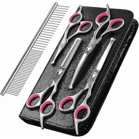 Hundefrisørsaks, 5-delt Titaniumbelagt Rustfrit Stål Hundefrisørværktøjssæt - Pink