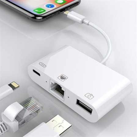Multiport-adapter för iPhone och iPad med Lightning till Ethernet, USB och Lightning