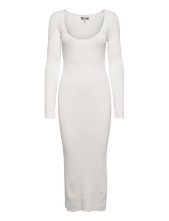 Long Sleeve Low Roundneck Slim Dress Knälång Klänning Vit Ganni