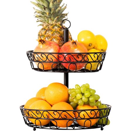 2-vånings metallfruktkorg med bänkben - Svart dekorativ skål för färsk frukt och grönsaker[JSR]‘-FY