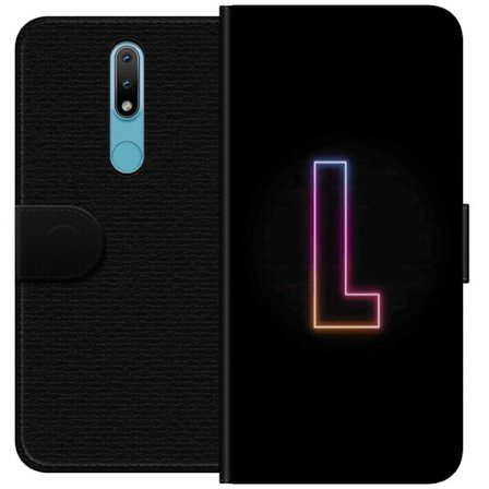 Yhteensopiva Lompakkokotelo Nokia Nokia 2.4 Minimaalinen neonkirjain L pehmeästi vaihtuvassa värivalossa mustaa taustaa vasten, puhdas graafinen est