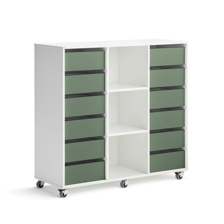 Elevförvaring CASPER, 12 lådor, 3 fack, hjul, vit, mörkgrön
