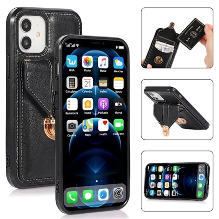 iPhone 16, kortholder etui, crossbody PU etui (sort)