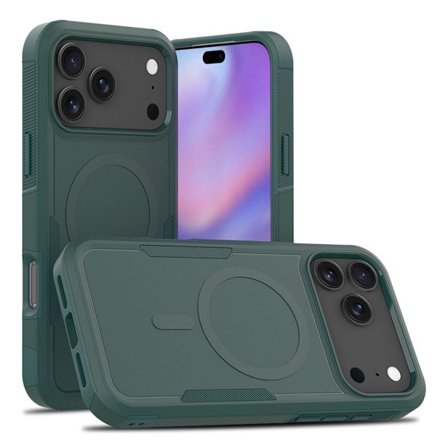 Kompatibel med iPhone 17 Pro, magnetiskt skal med vadderade hörn och splittringssäkert skal (mörkgrön)