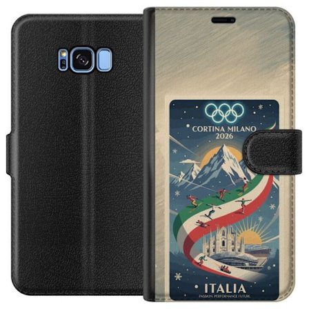 Yhteensopiva Lompakkokotelo Samsung Galaxy S8 Mäkihyppykuvitus, jossa hiihtäjä tähtää kiväärillä lumisella radalla, teksti Milano Cortina 2026 ja olym