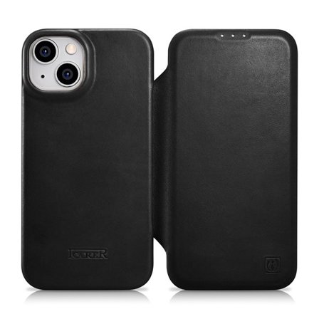 iCarer CE Öljyvaha Premium Leather Folio Case for iPhone 14 Plus, Magnetic Flip, MagSafe, Black