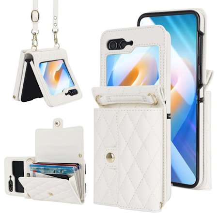 Yhteensopiva Galaxy Z Flip 6 -olkalaukun kanssa, Harmonikkamallinen nahkakotelo (valkoinen)