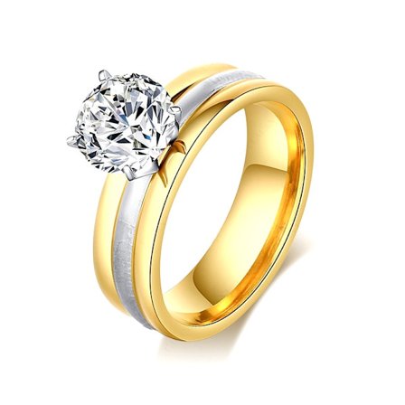 Rostfritt stål ring guldpläterad CZ