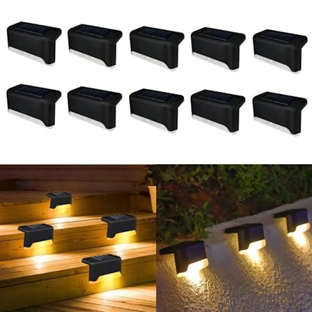 Pakke med 10 LED solcellelamper hegn lys væglamper have lys udendørs trappe lampe, sol hegn lys sort - varmt lys