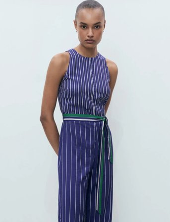 Mango Striped Jumpsuit With Belt - Blue - S