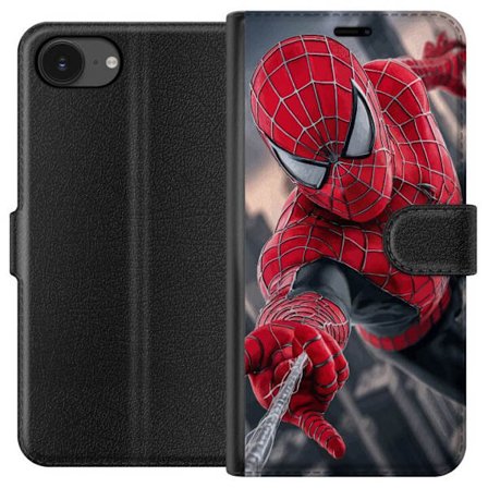 Kompatibelt Plånboksfodral till Apple Apple iPhone 16e Dynamisk Spider-Man-illustration i actionperspektiv, superhjältetema med rörelseekonomi och