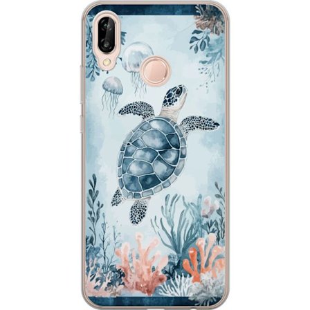 Kompatibel Mobilcover til Huawei P20 lite Akvarel-maleri af en havskildpadde blandt koraller og maneter i et fredeligt blåt undervandsverden