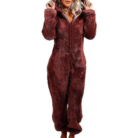 Dame Vinter Fluffy Fleece Hættetrøje All-in-One Jumpsuit Vinrød S