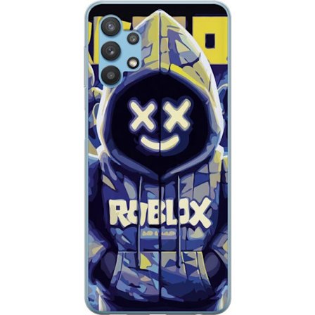 Kompatibelt Mobildeksel til Samsung Samsung Galaxy A32 5G Blågul Roblox hettegenserfigur med minimalistisk neonstil og masket ansikt, moderne spillil
