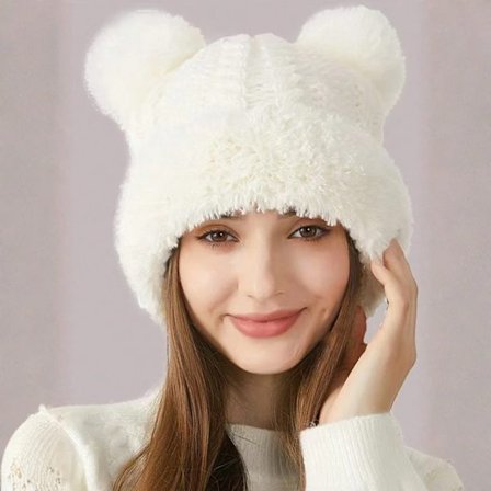 Vinterstrikket hue til kvinder, vindtæt og varm foret hue, sød ørebeskyttende plys vinterhue.