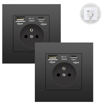 2 kpl pistorasia USB:llä ja Type-C:llä, ylijännitesuoja, yleiskontakti, 86 mm musta