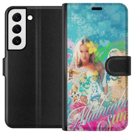 Kompatibel Tegnebogsetui til Samsung Galaxy S22+ 5G Eventyrverden med Steve, Creeper og dyr i farverig blokgrafik