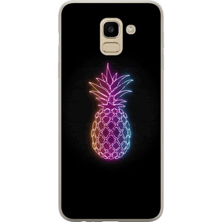 Kompatibelt Mobilskal till Samsung Samsung Galaxy J6 Neonillustration av ananas i färgglatt ljus mot svart bakgrund