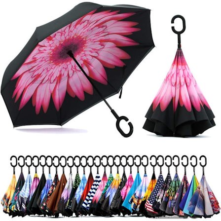 49 tommers omvendt paraply med dobbel baldakin, ekstra stor vindtett og vanntett paraply med C-formet håndtak.