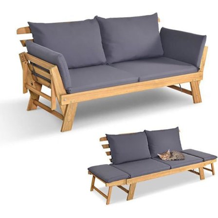 COSTWAY 3 i 1 Convertible Have-Sofa i FSC Akacietræ, Justerbare Armlæn, Aftagelige Hynder, Belastning 320 KG, Grå