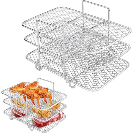 3-lags Airfryer-rist, Airfryer-rist i rustfrit stål med tre lag, multifunktionelt airfryer-tilbehør, egnet til dobbelt