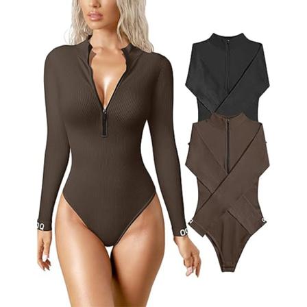 2-osainen body naiselle Seksikäs ribitetty yhden kappaleen body pitkillä hihoilla Musta+Tummanruskea L