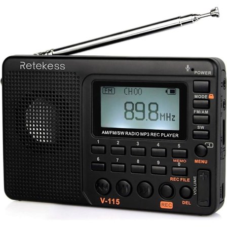 V115 Digitaalinen kannettava radio, AM FM henkilökohtainen transistoriradio, tukee TF-korttia tallentimella, MP3-soitin, uniajastin (musta)