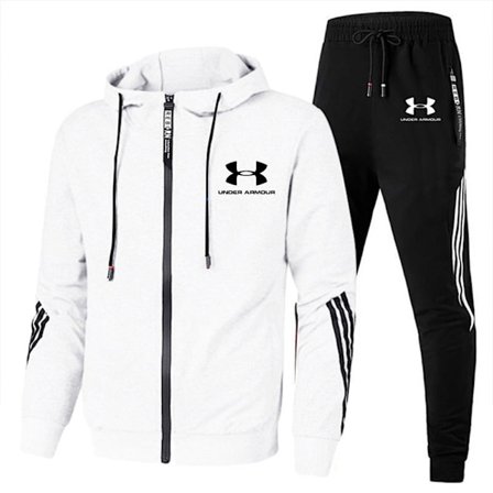 Herr Under Armour Sport Huvtröja & Byxor Set Långärmad Hel Dragkedja Hoodie Sweatshirt Jacka + Joggingbyxor Träningsbyxor Outfit Vit White{FY}