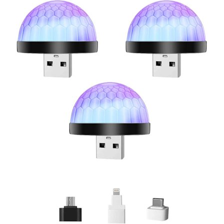 3-pakning Mini USB Discolys med Kule - Mobil Lydaktivert Strobelys for Fester, DJ og Karaoke (Svart)