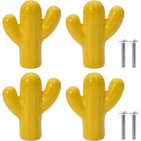 4-delt sæt keramiske kaktus møbelknapper til skuffer, børneværelser, skabe, bogreoler (gul)
