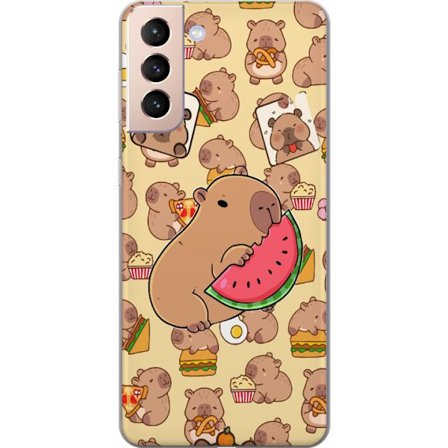Kompatibelt Mobilskal till Samsung Samsung Galaxy S21 Söt capybaror njuter av vattenmelon pizza och popcorn i en varm och lekfull design som sprider
