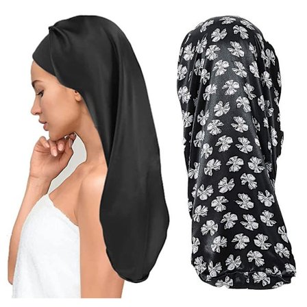 Lange satin hårhuer, pakke med 2 lange satin sovehuer til at sove, ekstra store satin nattehuen til beskyttelse af langt krøllet hår