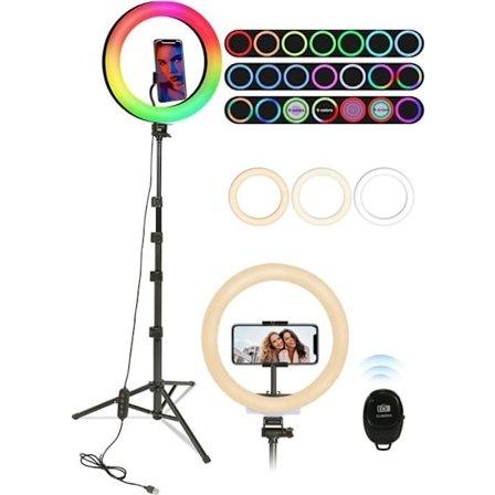 (RGB) Ring Light med Stativ 10" Ring Light med 3 Hvide Lys, 26 RGB Farver, 8 Lysstyrkeniveauer, Total Højde 180cm