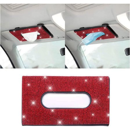 Röd - 1 st kristall och glänsande PU bil solskydd vävnadslåda kvinnor Gl