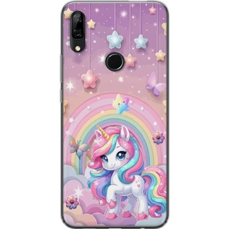 Yhteensopiva Puhelinkuori Huawei P Smart Z Maaginen yksisarvinen, jolla on sateenkaarimane, tähtiä ja perhosia vasten pastellinväristä taivasta, jossa