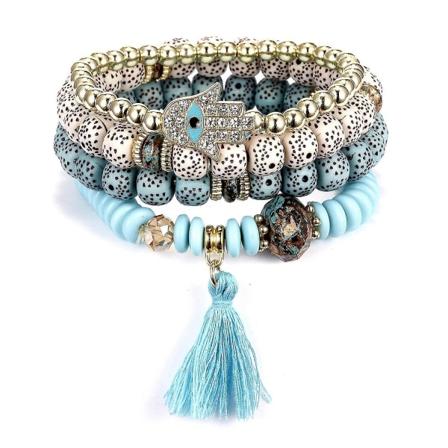(Blå) 4-pack Flerlagers pärlorarmband Palm Tofs Bodhi Bead Beaded Elastiskt set
