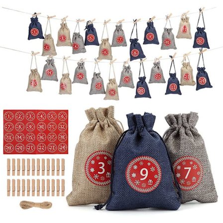 Fyld-selv Julekalender, 24 Pakker Bomuldsposer med Snøre, Julegaveposer i Stof til Julekalender