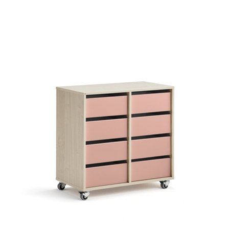 Elevförvaring CASPER, 8 lådor, hjul, björk, mörkrosa