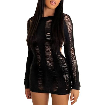 2025 Siste Modell Ryggløs Langermet Utkuttet Mini Bodycon Kjole Slim Fit Strikket Kort Kjole Gjennomsiktig Stripete Sexy Party D