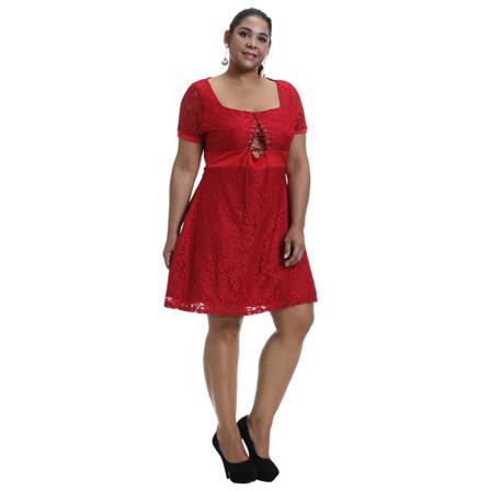 Kvinnor Sexig Plus Size Klänning Spets Kort Ärm Hollow Midi Solid