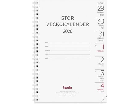 Burde Stor Veckokalender refill 2026 - Lyreco - Almanackor och kalendrar - Veckokalendrar - Stora veckokalendrar