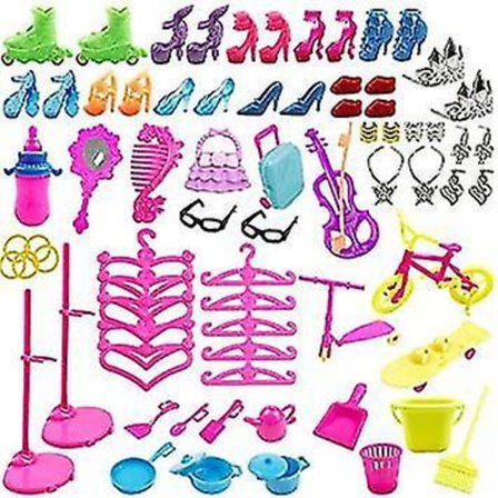 Nukkevarusteet 78 kpl Erilaisia Vaatteita, Kenkiä, Laukkuja ja Ripustimia