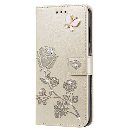 Fodral för iPhone 16 Pro guld Präglad Fjäril Diamant Plånbok med Korthållare Rosett Diamant