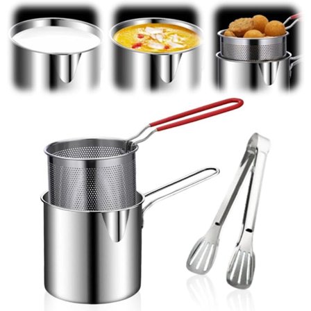 Friteuse i rustfritt stål - Liten frityrkoker - Filterkanne - Med kjøkkenklype