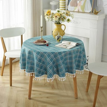 Rund bomulls- og linduk med frynser Flekkbestandig frynset duk Vaskbar bordbeskytter 140x140cm